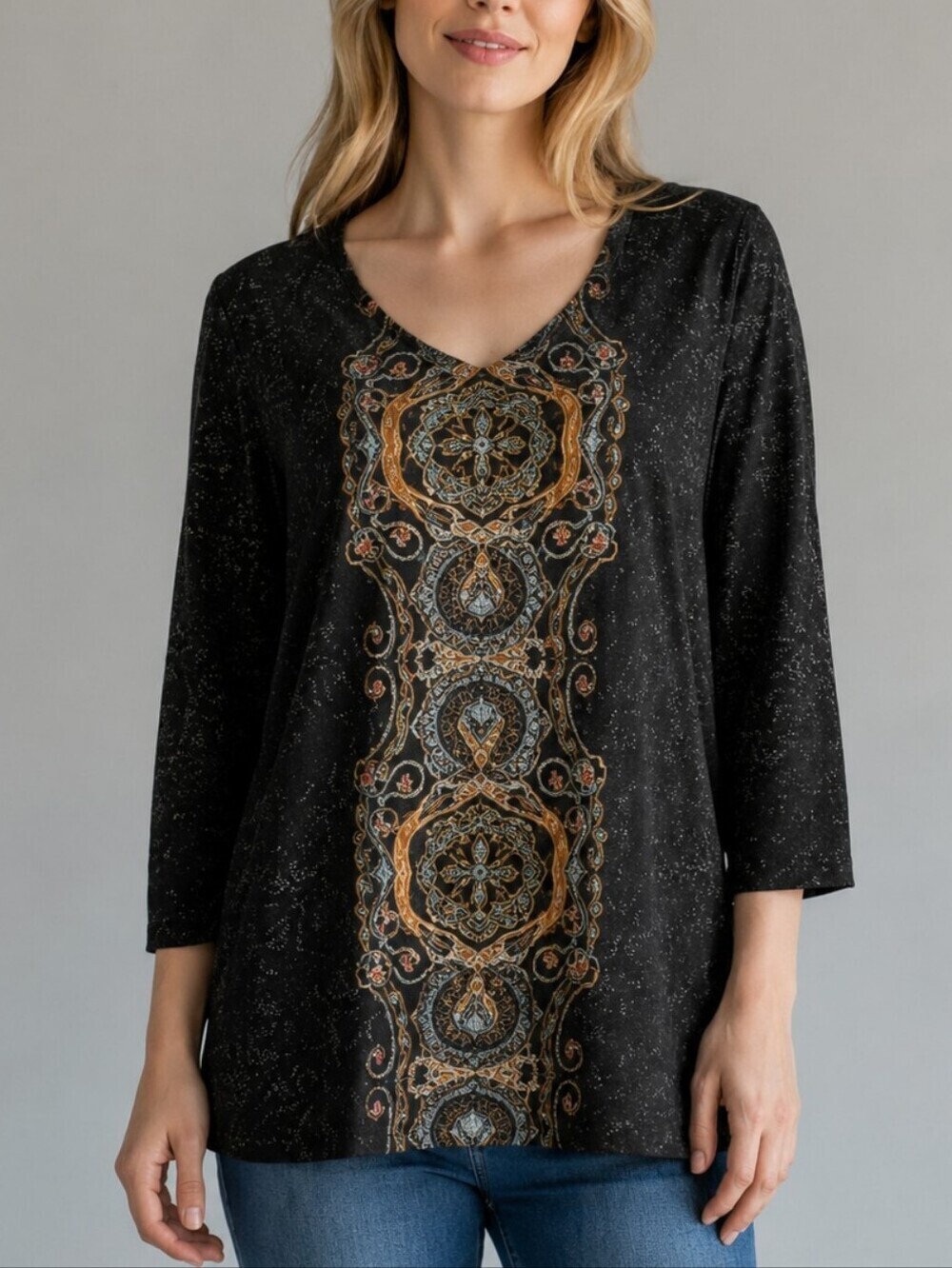 LAURA SCOTT Gray Geometric Tribal Mandala Pattern V-Neck Blouse